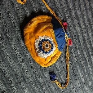 Vintage Boho Velvet Potli Bag | Yellow & Blue Drawstring Pouch with Mirror Work